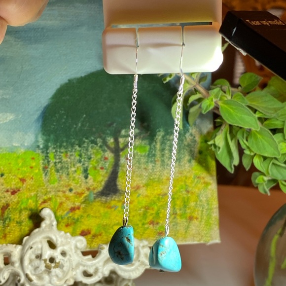 Turquoise Nugget Sterling Silver Drop Dangle Earrings - Picture 5 of 14
